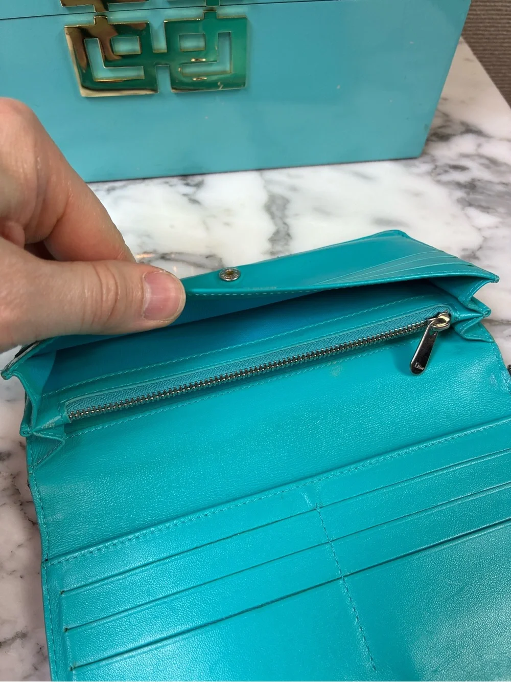 Christian Dior Black Leather Cannage Snap Wallet Teal Interior - Fair Condition